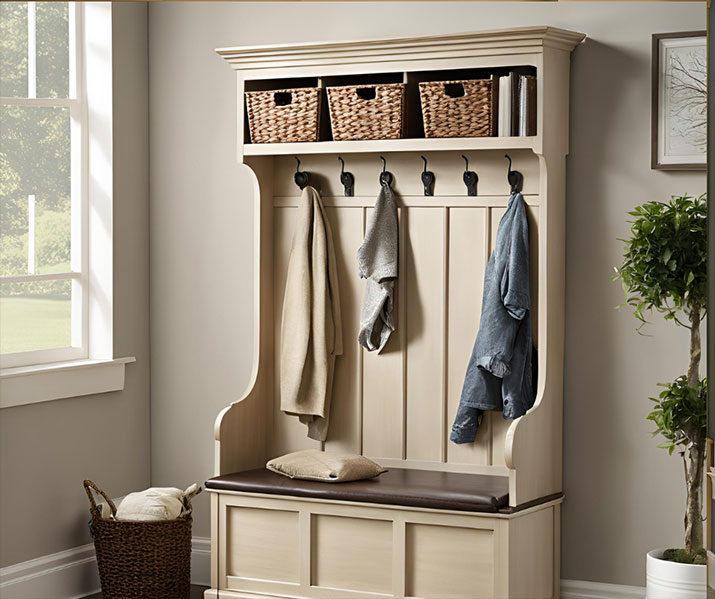 Beige hall tree with hooks and jackets.