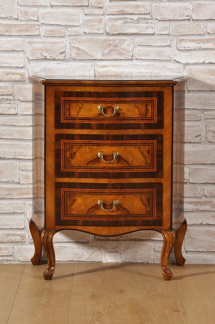 Hand-inlaid Venetian nightstand with traditional shellac top coat.