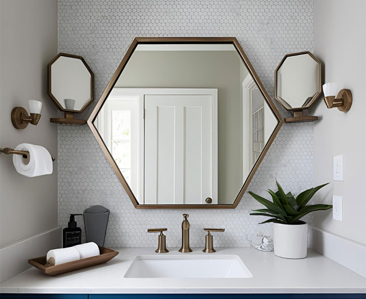 Hexagonal bathroom mirror.