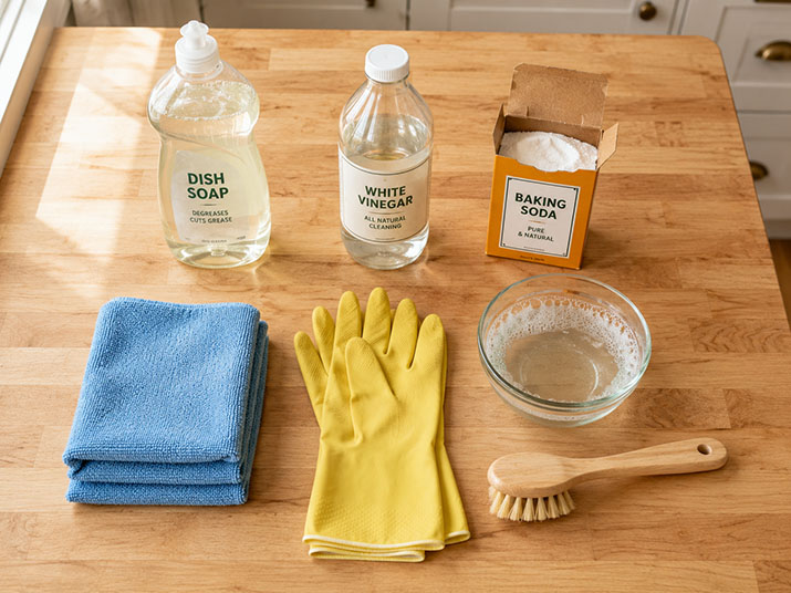 Kitchen cabinet cleaning supplies laid out on a countertop including dish soap, vinegar, baking soda, microfiber cloths, and rubber gloves.