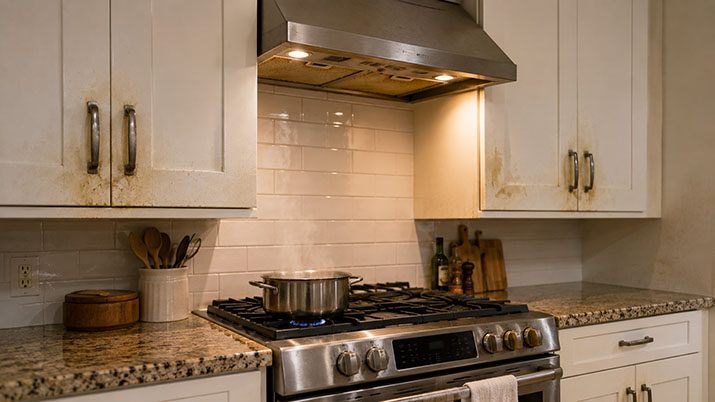 Kitchen cabinet grease hot spots near the stove showing buildup on cabinet faces, handles, and the range hood area.