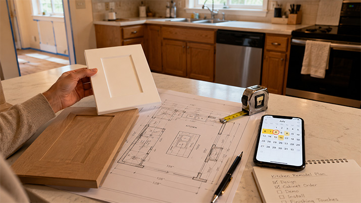 Homeowner reviewing kitchen cabinet layout plans on a countertop with cabinet samples and a tape measure nearby.