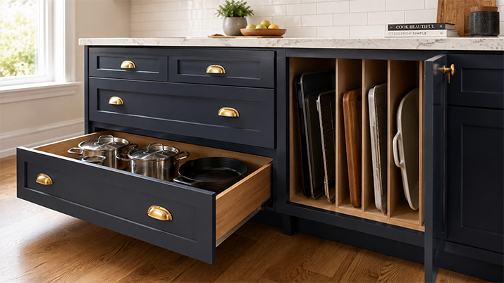 Kitchen with navy blue base cabinets showing a deep drawer base open with pots and pans organized inside, and a vertical tray divider cabinet with baking sheets stored upright.