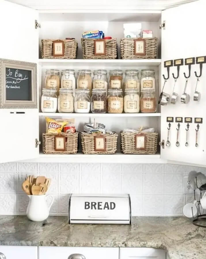 Kitchen cabinet storage for snacks, dry goods, and baking essentials.