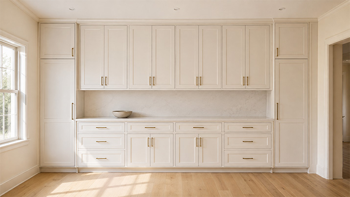 White shaker kitchen cabinets extending to the ceiling with crown molding.