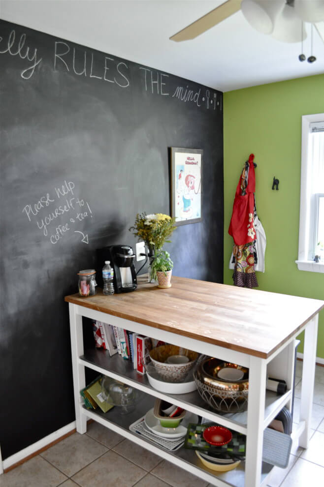 Kitchen with a chalkboard wall.