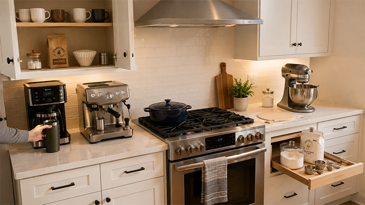 Kitchen with a dedicated coffee station and baking station, each with clear counter space and organized nearby storage.