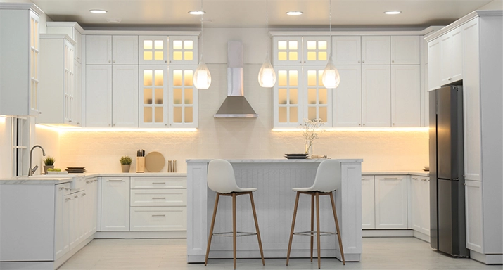 Kitchen with in-cabinet and under-cabinet LED lighting.