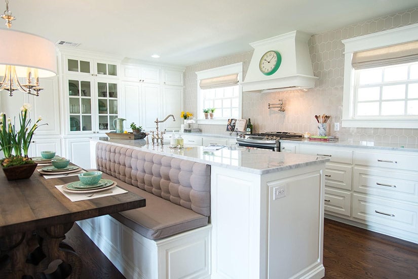 Kitchen island bench seating along a straight line.