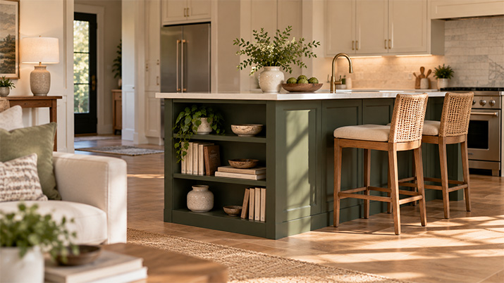 Kitchen island end panel with shallow shelves facing the dining area.