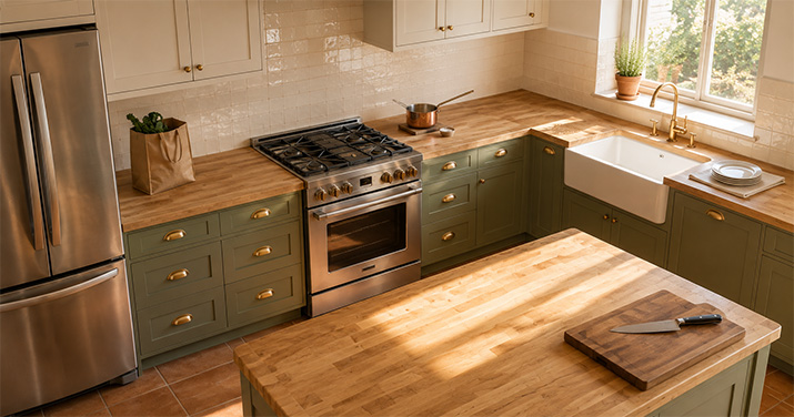 Overhead view of a kitchen with sage green cabinets and butcher block countertops showing clear landing zones beside the refrigerator, range, and sink.