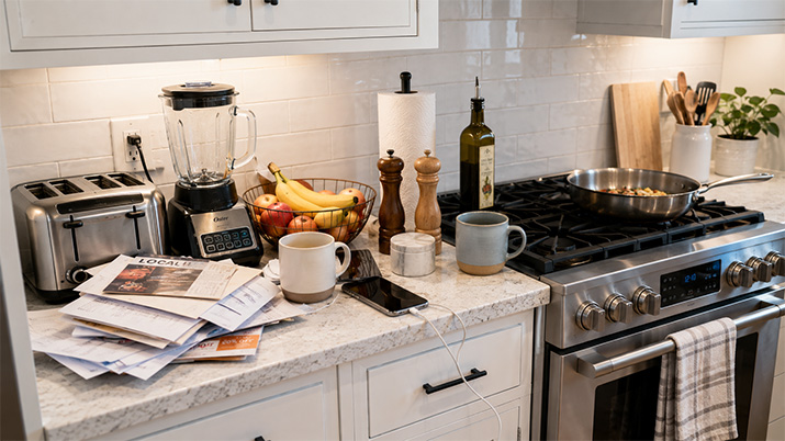 Cluttered kitchen counter covered with small appliances, mail, and miscellaneous items blocking the landing zone beside the range.
