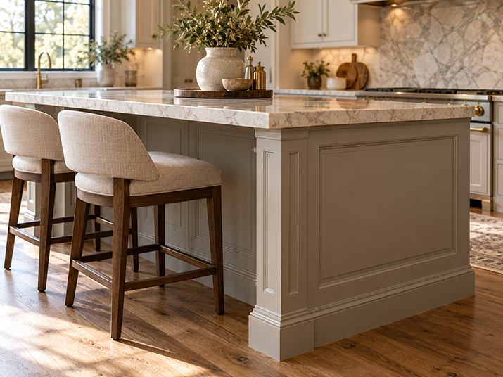 Close-up of a kitchen peninsula with a finished back panel, exposed end panel, decorative trim, and a countertop overhang with bar stools tucked underneath..