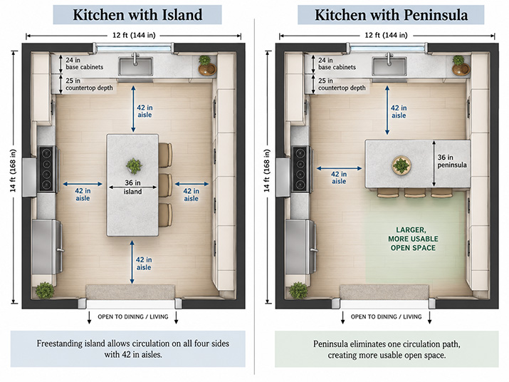 Side-by-side overhead floor plans comparing the same kitchen with a freestanding island and with a peninsula, labeled with cabinet depth, countertop depth, and aisle clearances.