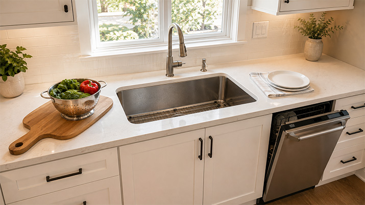 Kitchen sink and dishwasher area with clear counter space on both sides for dish staging and food prep.