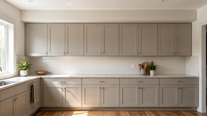 Finished kitchen soffit above wall cabinets painted to match the ceiling.