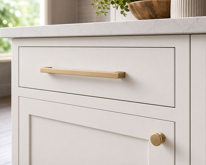 Kitchen cabinet knobs and pulls used together in a modern kitchen design.