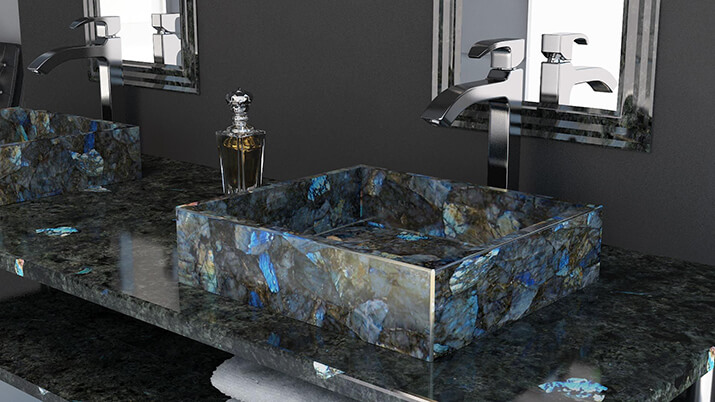 Labradorite gemstone countertop vanity in bathroom.