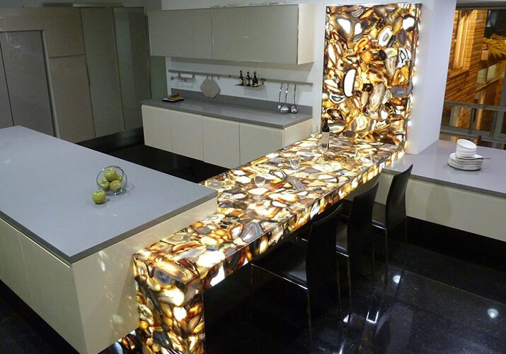 LED-backlit gemstone kitchen countertop.