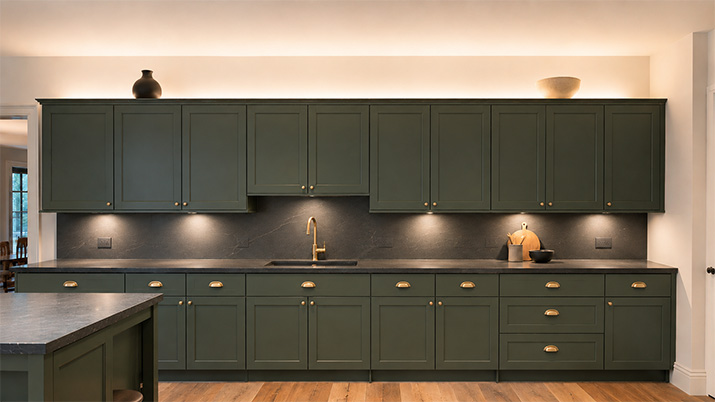 Warm LED lighting above kitchen cabinets in a deliberate open gap.