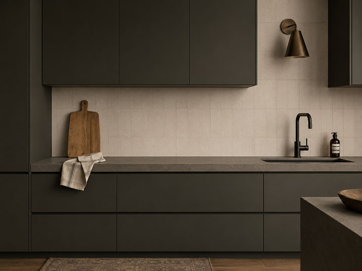 Matte finish kitchen cabinets in a warm deep tone with non-reflective countertops and brushed hardware showing the low-sheen trend for 2026.
