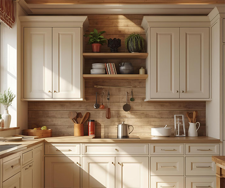 Modest white MDF cabinets in a farmhouse style kitchen.