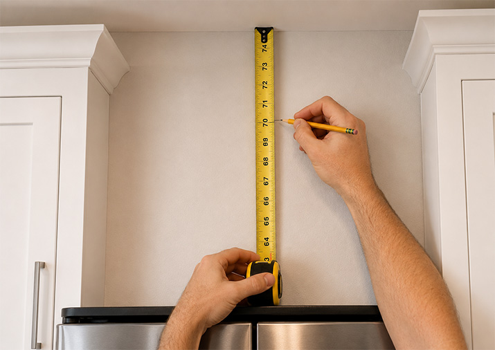 Person measuring the space above a refrigerator with a tape measure to plan cabinet installation.