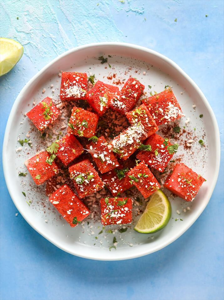 Chili lime watermelon topped with cotija cheese and lime juice.