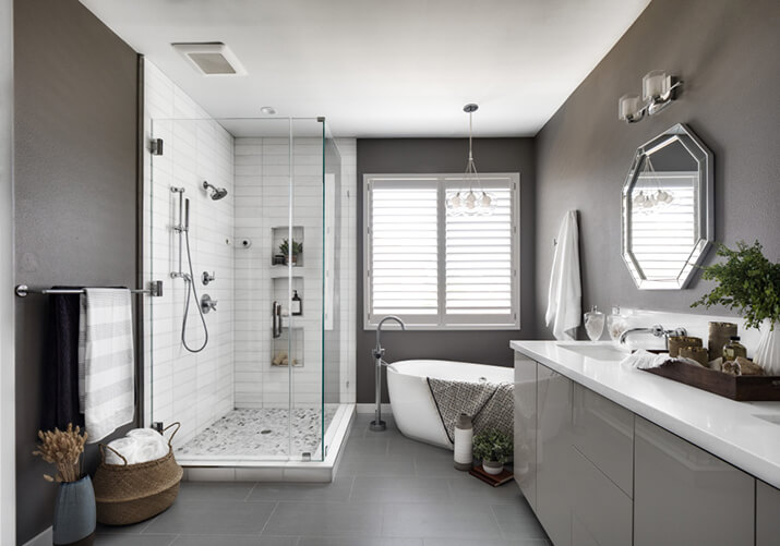 Mid-sized contemporary master bathroom with wall-mounted showerhead and handheld sprayer.