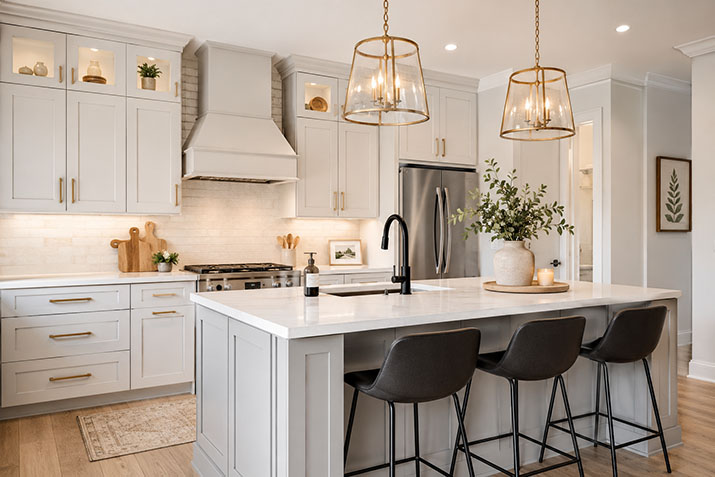 Mixed metal kitchen hardware with brass cabinet pulls and a matte black faucet.