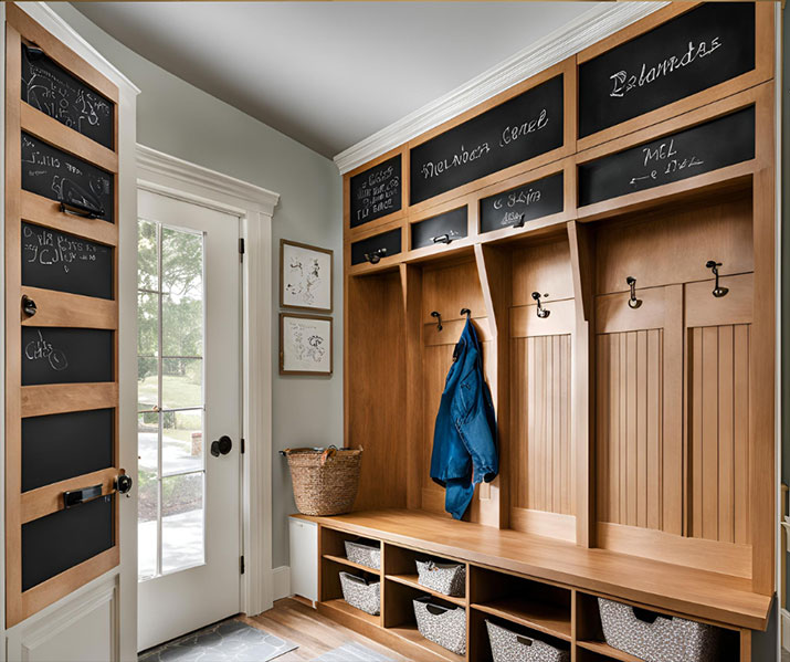 Wood mudroom cabinets with chalkboard.
