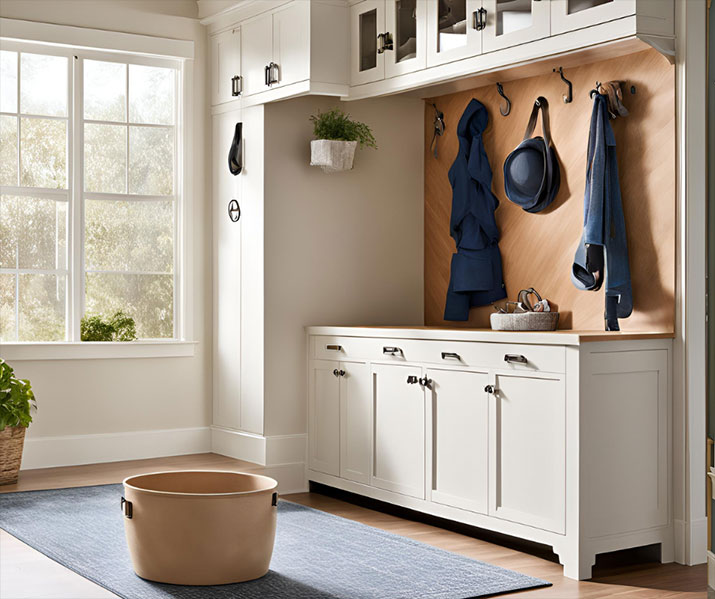 Mudroom with white cupboards and dog bath.