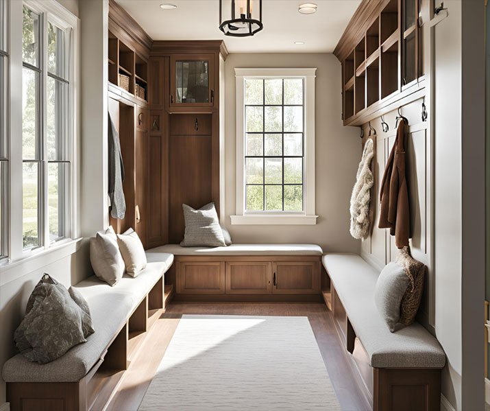 White and wood mudroom with seating and pillows.