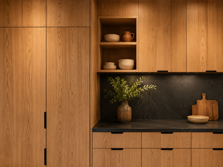 Natural wood kitchen cabinets in white oak with visible grain pattern and dark countertops in a 2026 kitchen design.