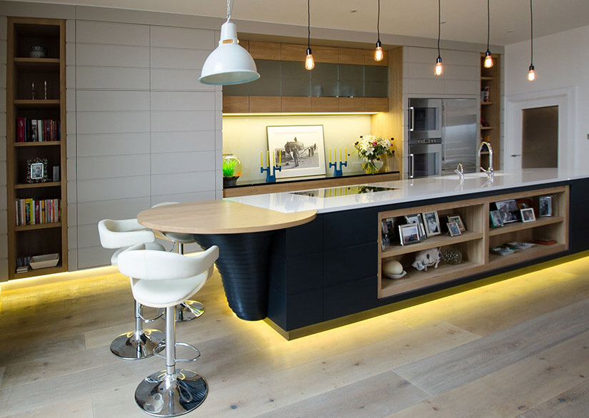 Custom kitchen island with multiple textures in modern room