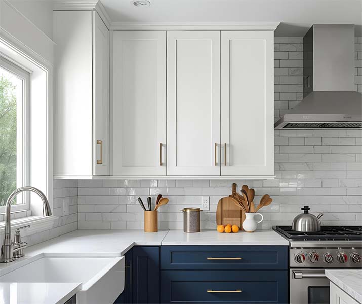 Navy lower cabinets with white uppers in a small kitchen.