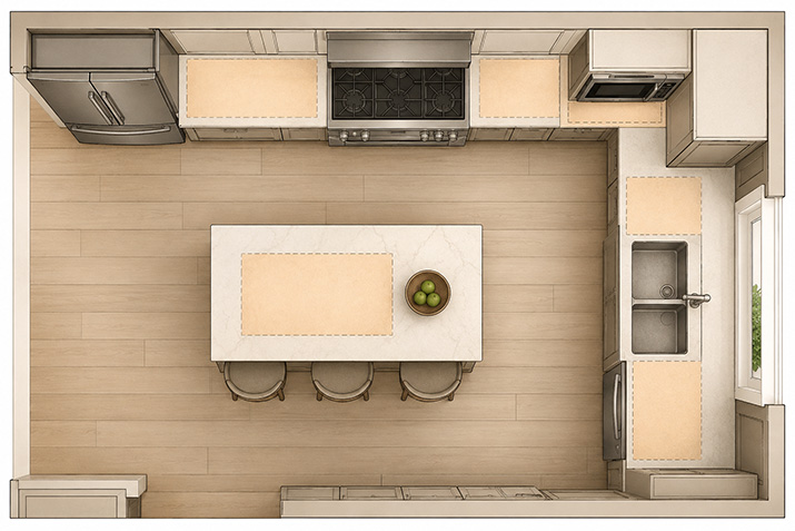 Diagram showing NKBA recommended landing zone measurements beside kitchen appliances including refrigerator, range, oven, microwave, and sink.