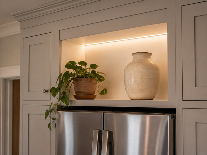 Open niche above a refrigerator with a ceramic vase and small potted plant creating a decorative focal point.