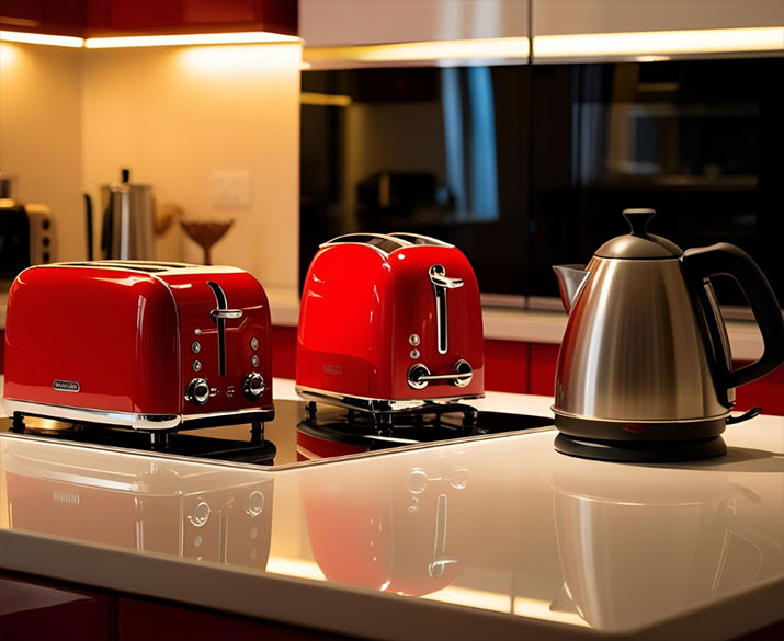 Kitchen with colorful appliances.
