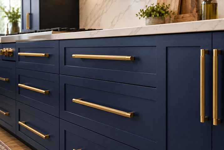 Oversized brass cabinet pulls on blue shaker kitchen cabinets.
