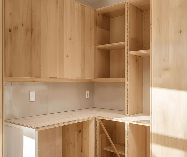 Particleboard cabinets in a kitchen prior to being painted.