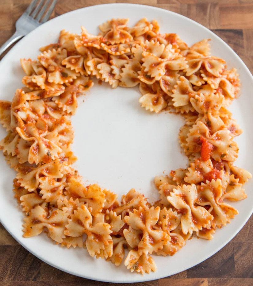 Pasta arranged with a hole in the middle to heat evenly during COVID-19.