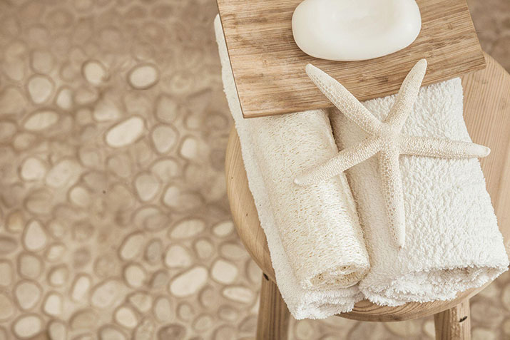 Pebble shower floor tile.