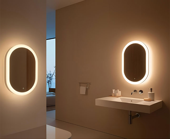 Pill shaped bathroom mirror.