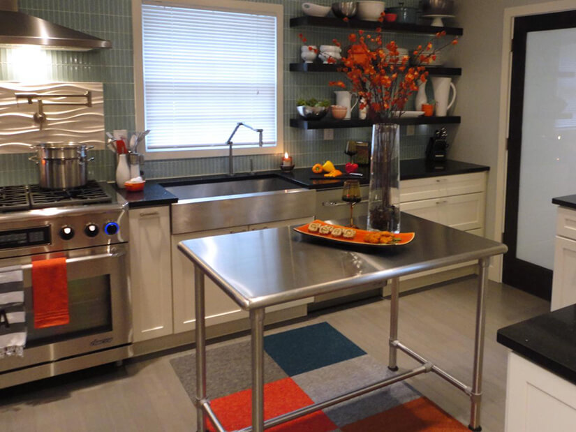 Plain stainless steel prep table as kitchen island