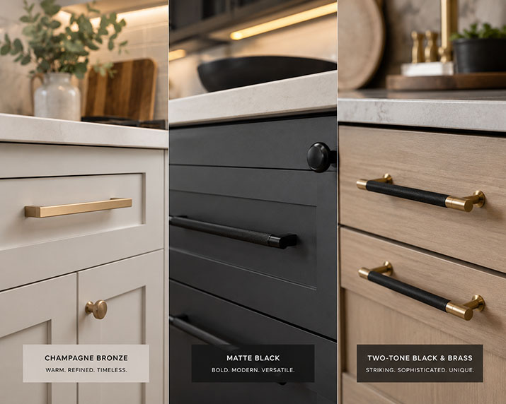 Popular kitchen hardware finishes including champagne bronze matte black and two-tone pulls.