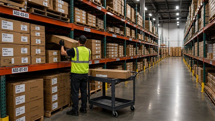 Rows of in-stock RTA kitchen cabinet boxes on warehouse shelves ready for quick shipping.