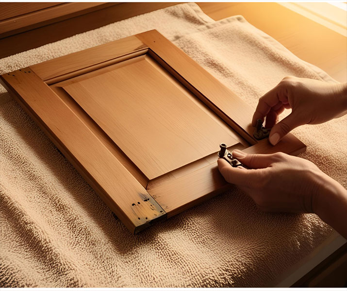 Person removing old kitchen cabinet hinges.
