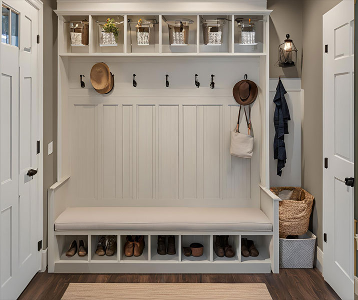 Hallway closet turned into white mudroom area.