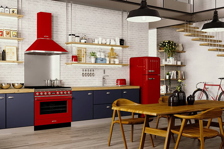 Retro Smeg Kitchen with Red Appliances and Blue Cabinets.